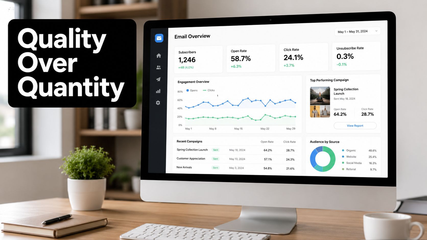 A desktop monitor displaying an email marketing performance dashboard with charts and campaign metrics on a wooden desk.