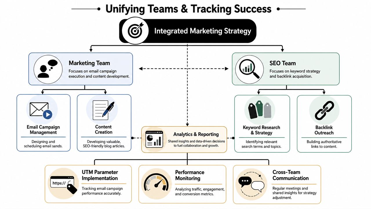 A diagram illustrating how marketing and SEO teams integrate strategies through analytics, reporting, and cross-team communication.