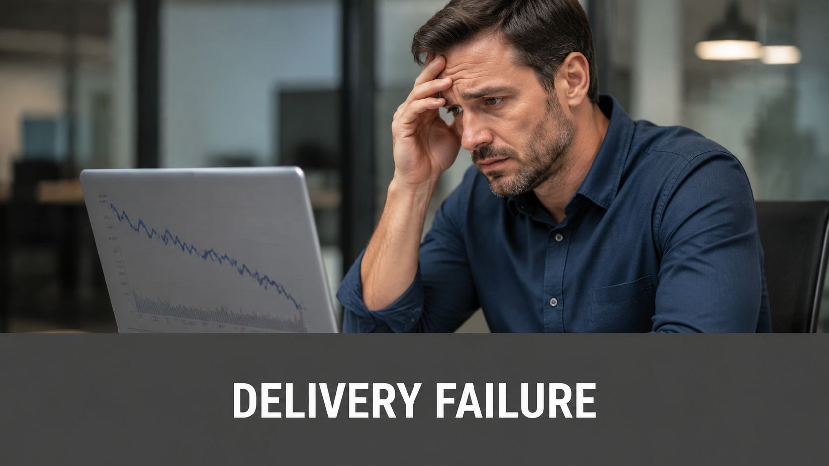 A concerned businessman looking at a declining chart on his laptop screen in a modern office environment.