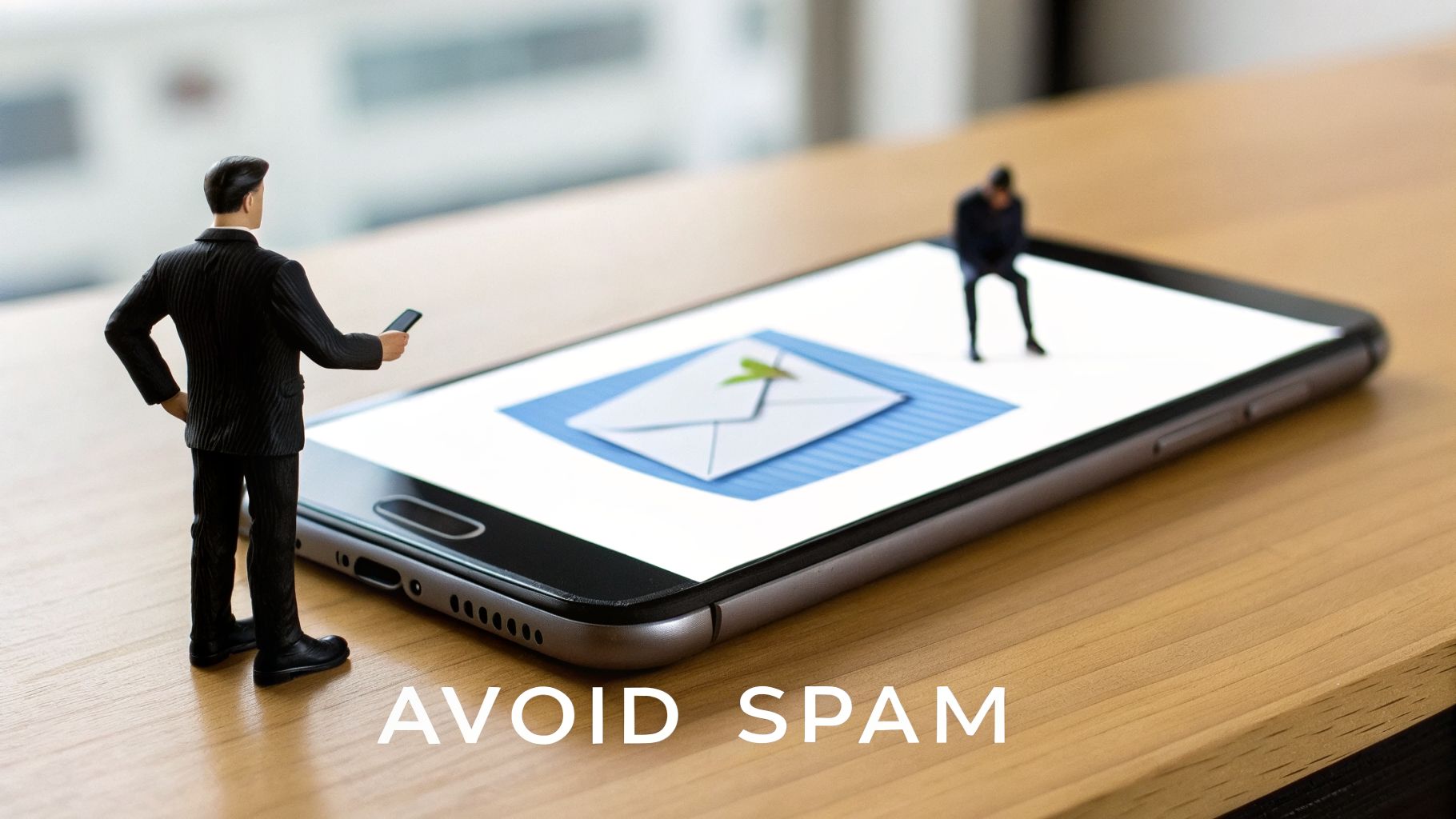 Two miniature figures, one a businessman, on a smartphone screen showing an email icon and 'AVOID SPAM' text.