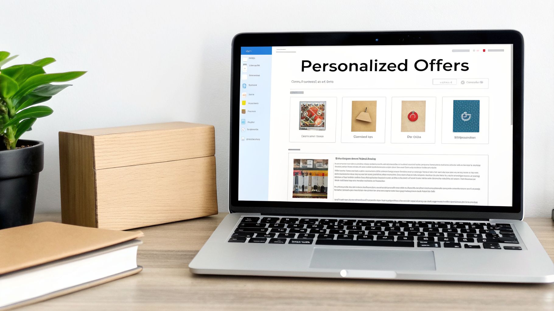 A laptop on a wooden desk displaying a website with 'Personalized Offers' and various product images.