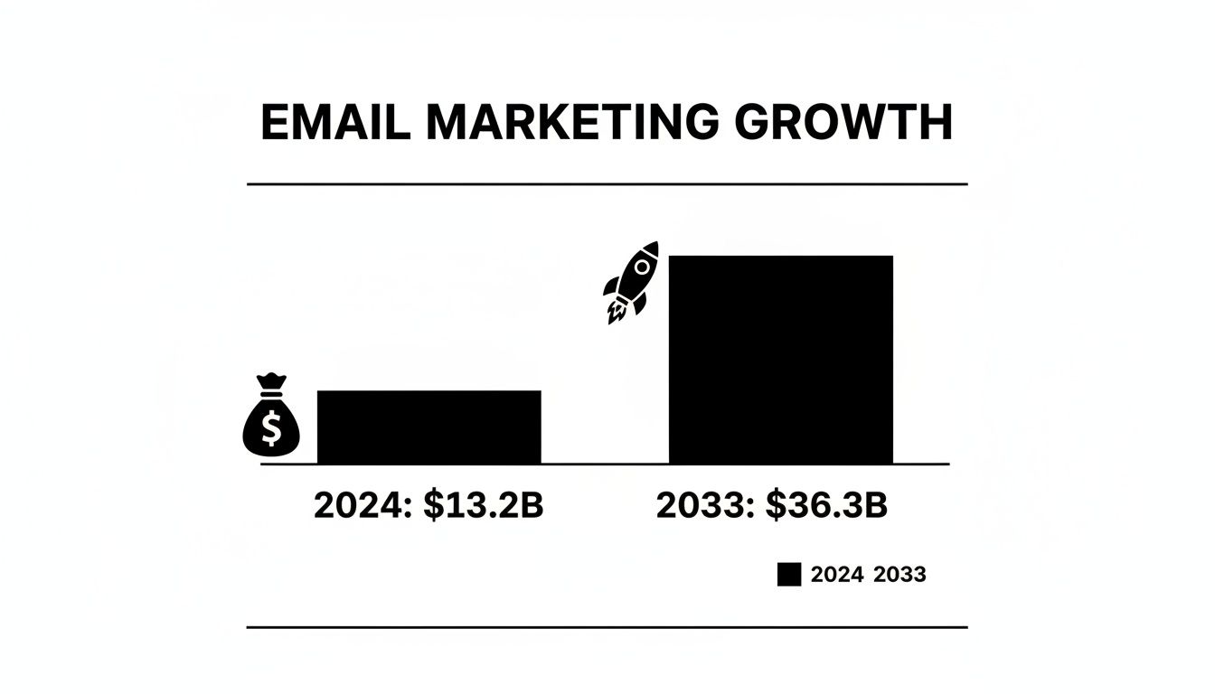 Bar chart illustrating email marketing revenue growth from $13.2 billion in 2024 to $36.3 billion in 2033, showing substantial market expansion.