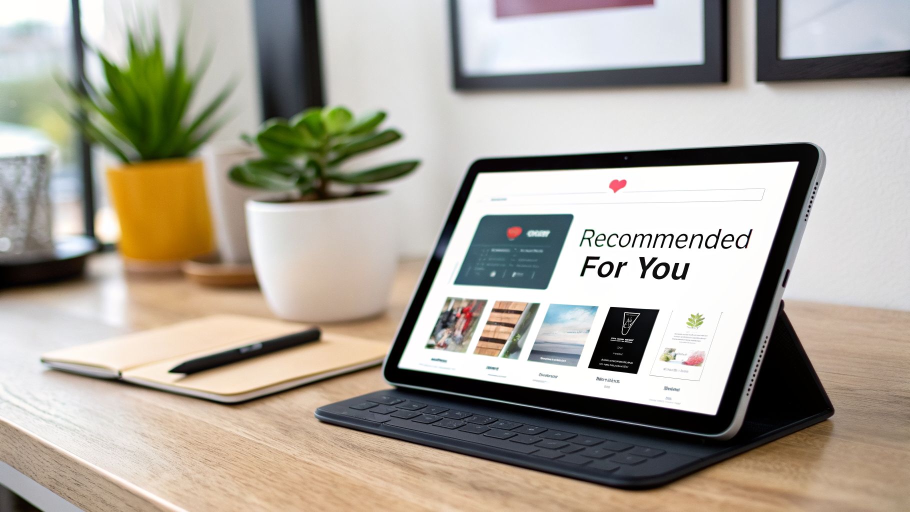A tablet displays an 'Recommended For You' e-commerce page on a wooden desk with plants.