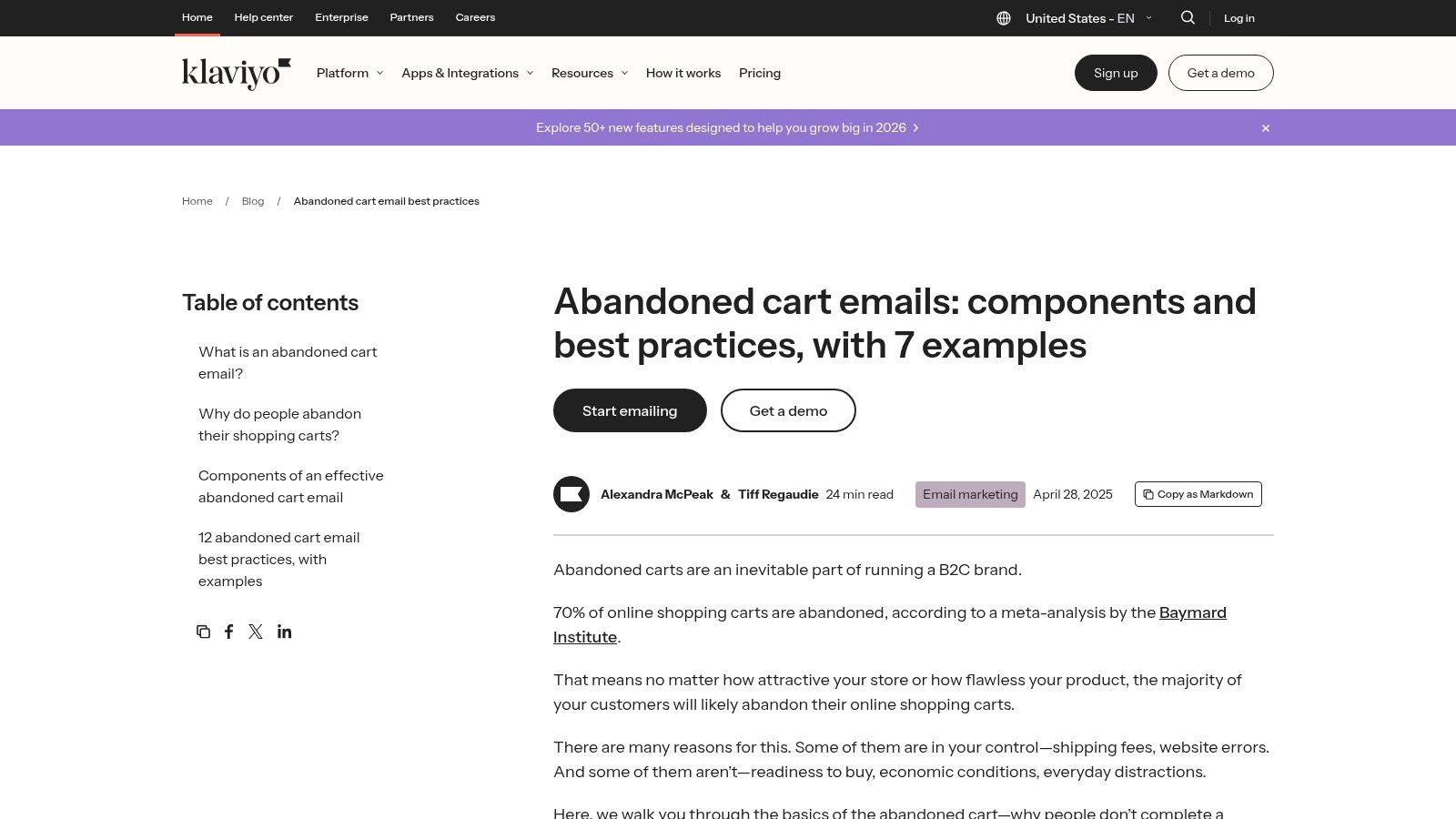 Klaviyo's guide showing abandoned cart email examples