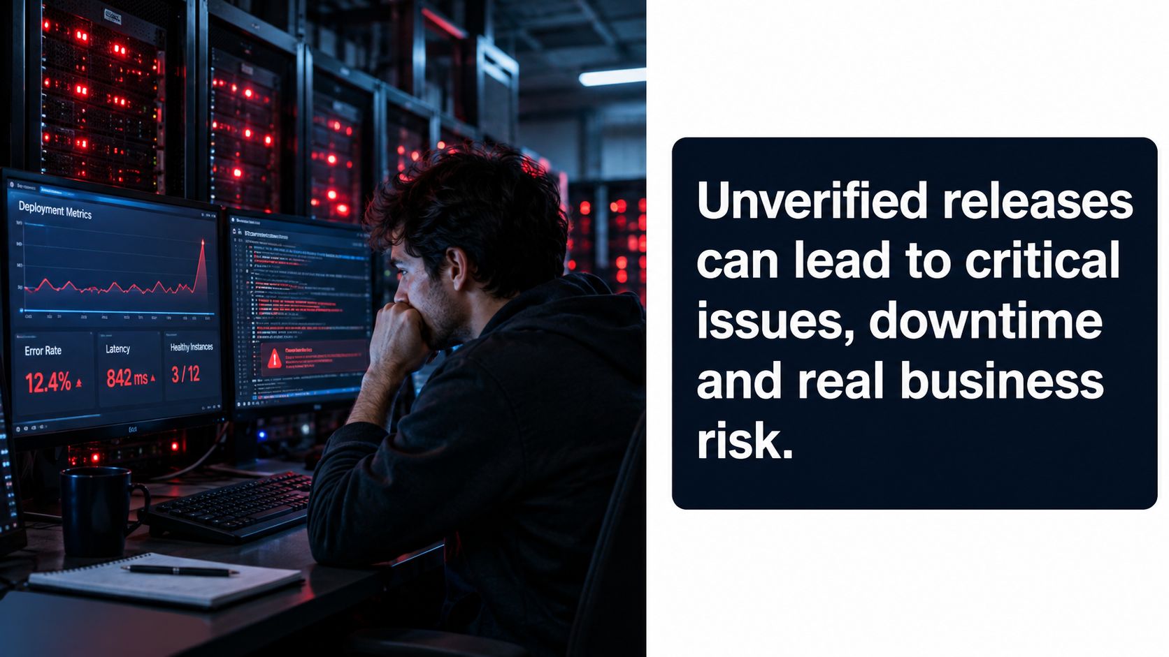 A stressed software engineer monitors critical system deployment metrics and error rates in a server room.