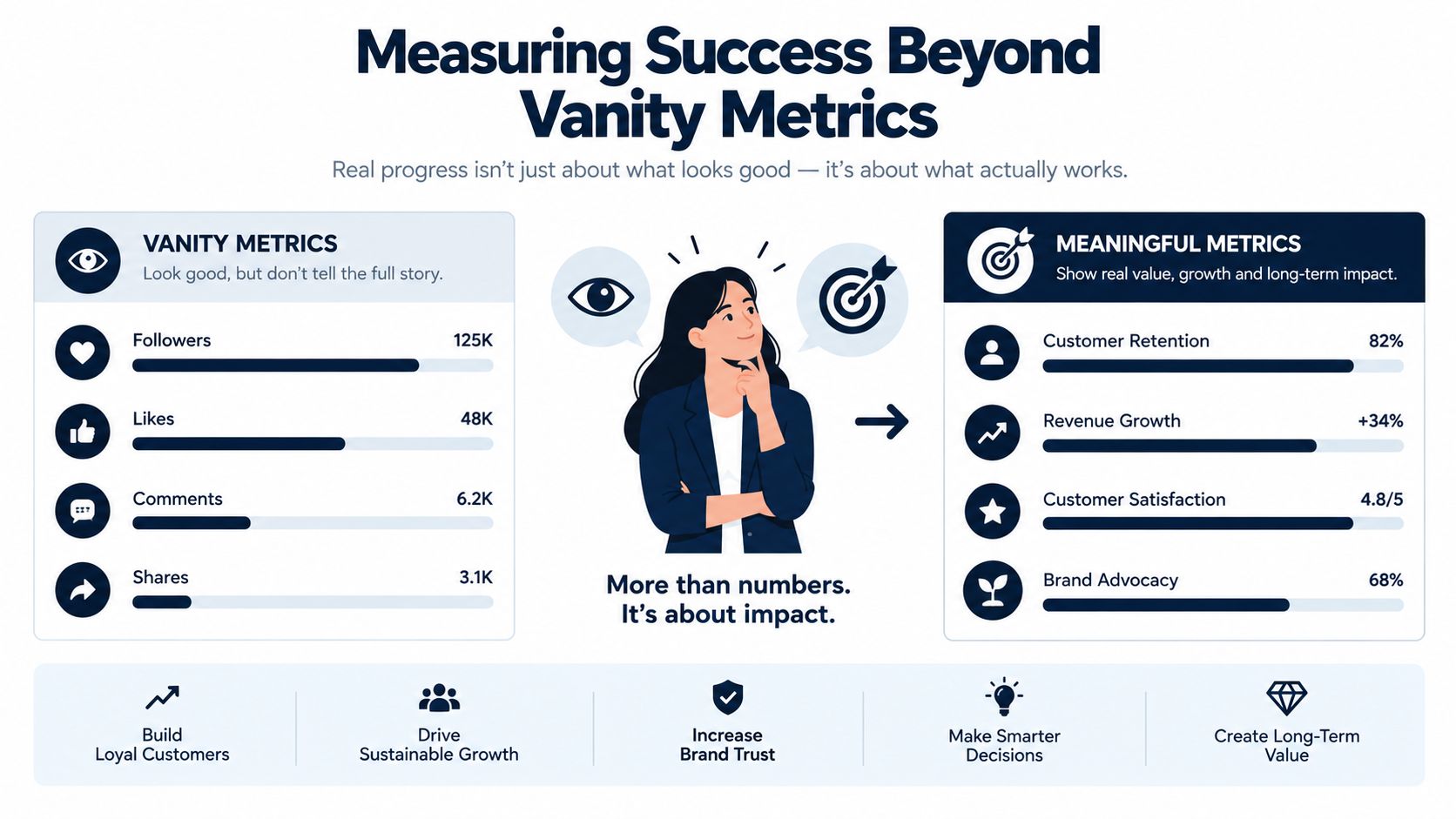 An infographic illustrating the difference between vanity metrics versus meaningful metrics for sustainable business growth.