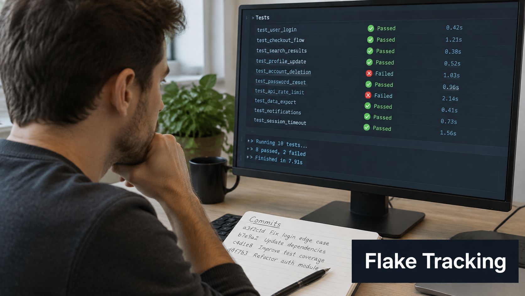 A developer working at a desk, reviewing test results on a computer monitor and taking notes.