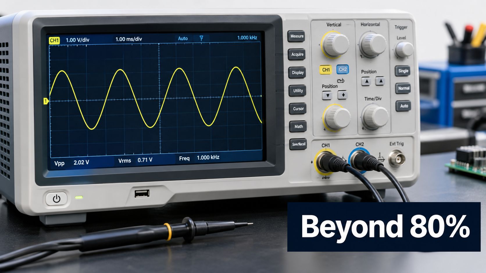 A digital oscilloscope showing a sine wave signal on the screen on a workbench with probe.