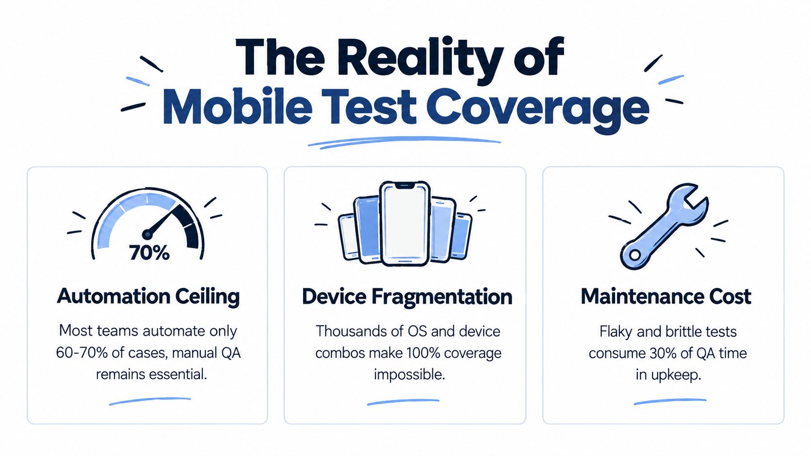 An infographic titled The Reality of Mobile Test Coverage highlighting challenges like automation ceilings, device fragmentation, and maintenance costs.