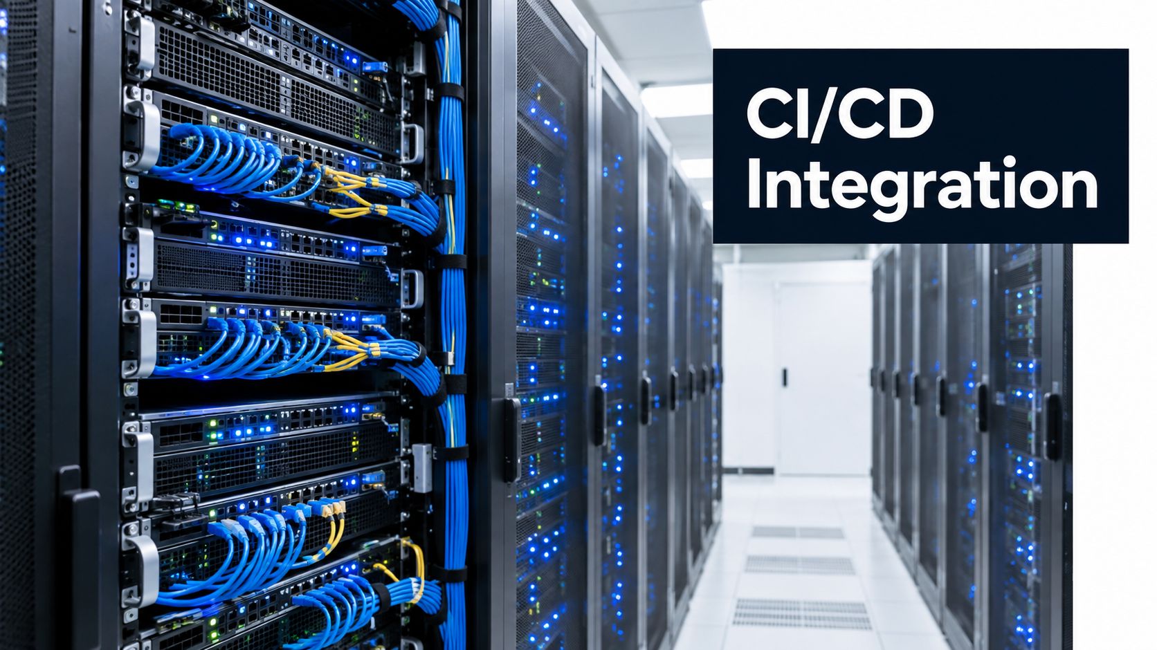 Rows of server racks with blue status lights and network cables in a modern data center environment.