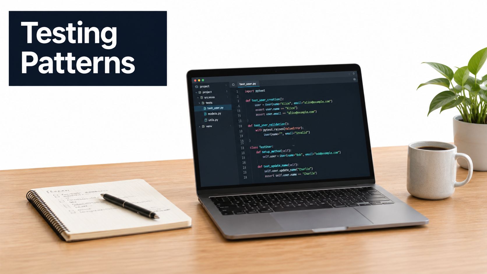 A modern workspace with a laptop displaying Python code for software testing on a wooden desk.