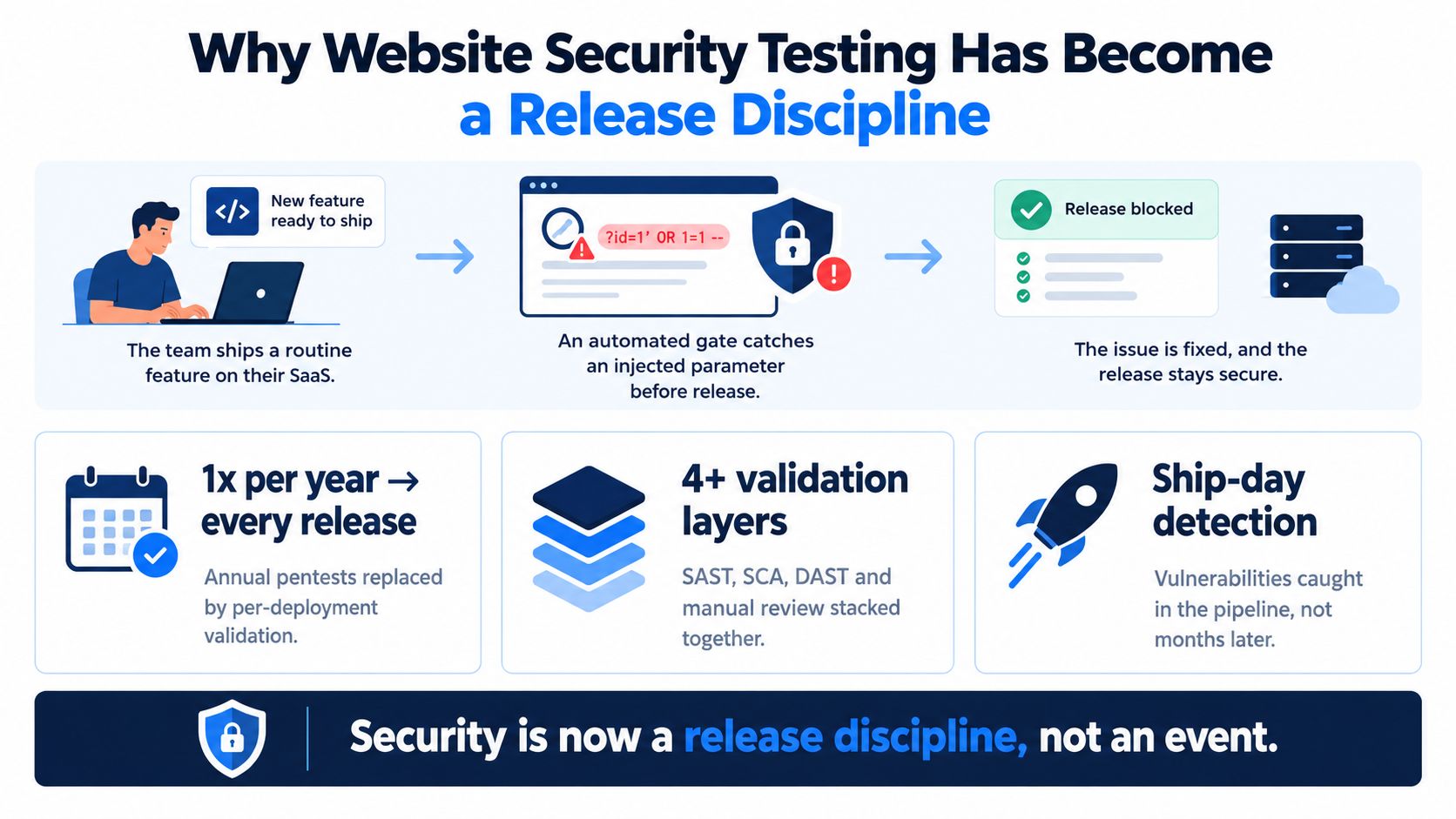 A diagram illustrating why website security testing is essential for every software release cycle and development process.