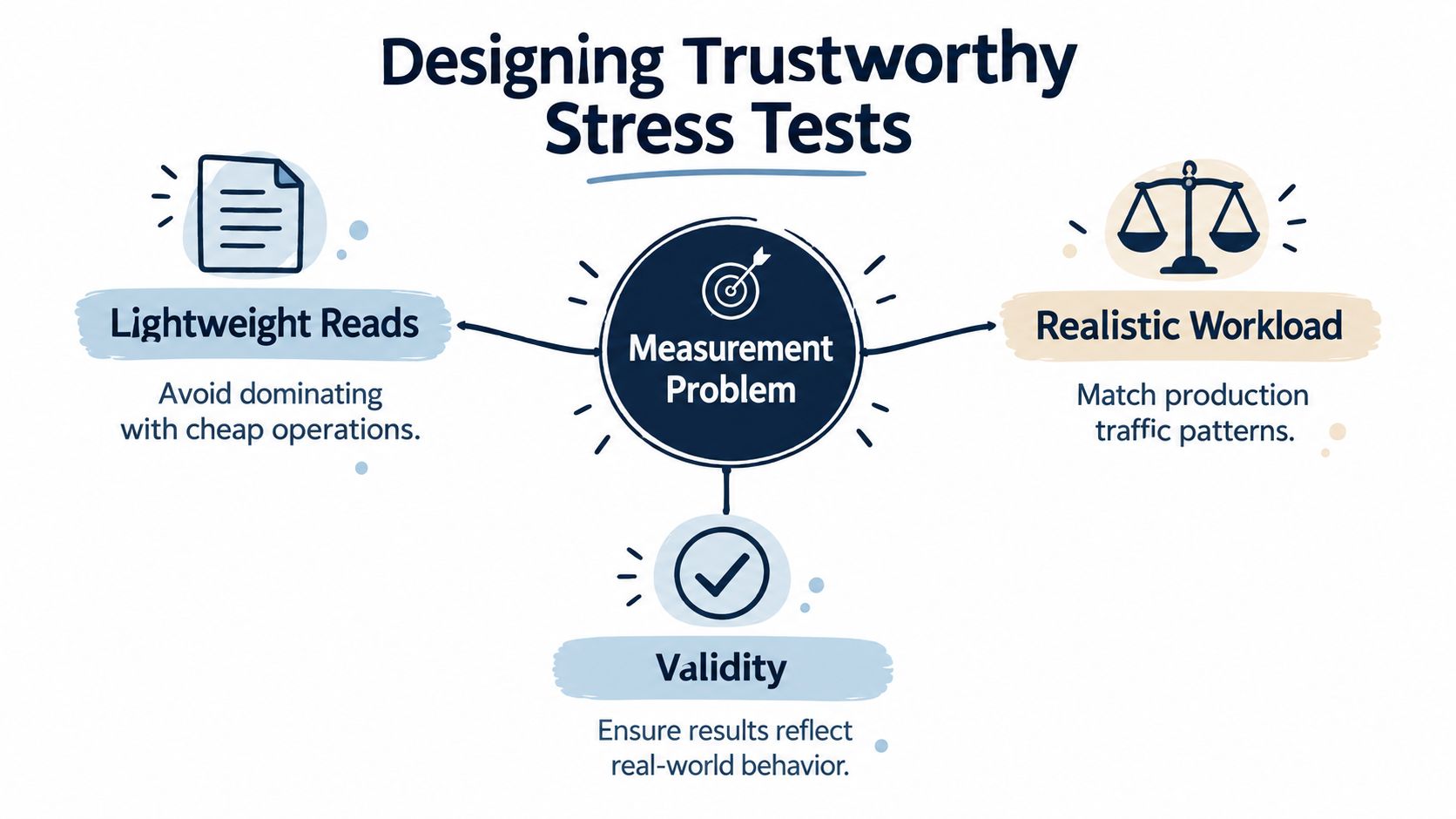 An infographic detailing the three key principles for designing trustworthy stress tests for software performance.