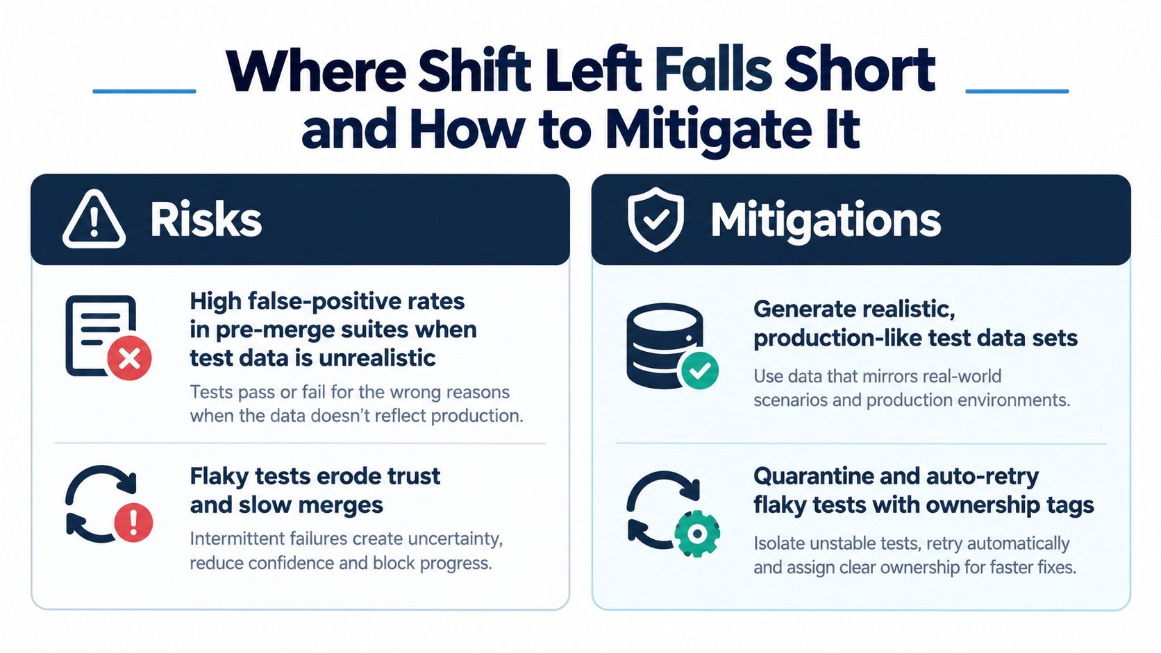 An infographic titled Where Shift Left Falls Short highlighting common testing risks and corresponding mitigation strategies.