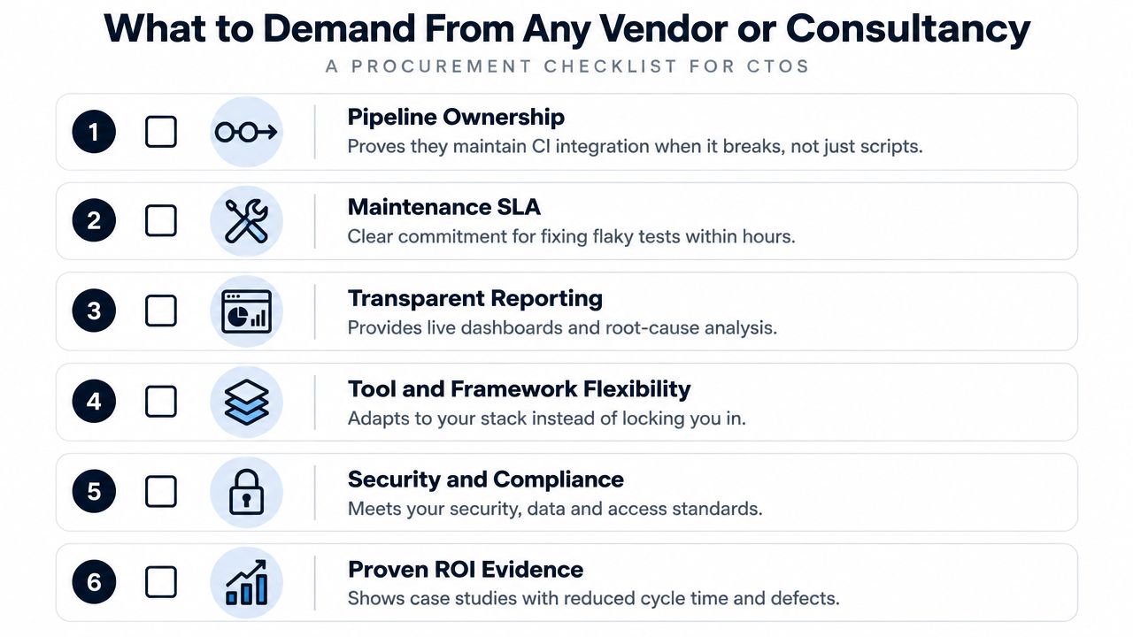 A procurement checklist for CTOs listing six essential requirements to demand from any software test automation vendor.