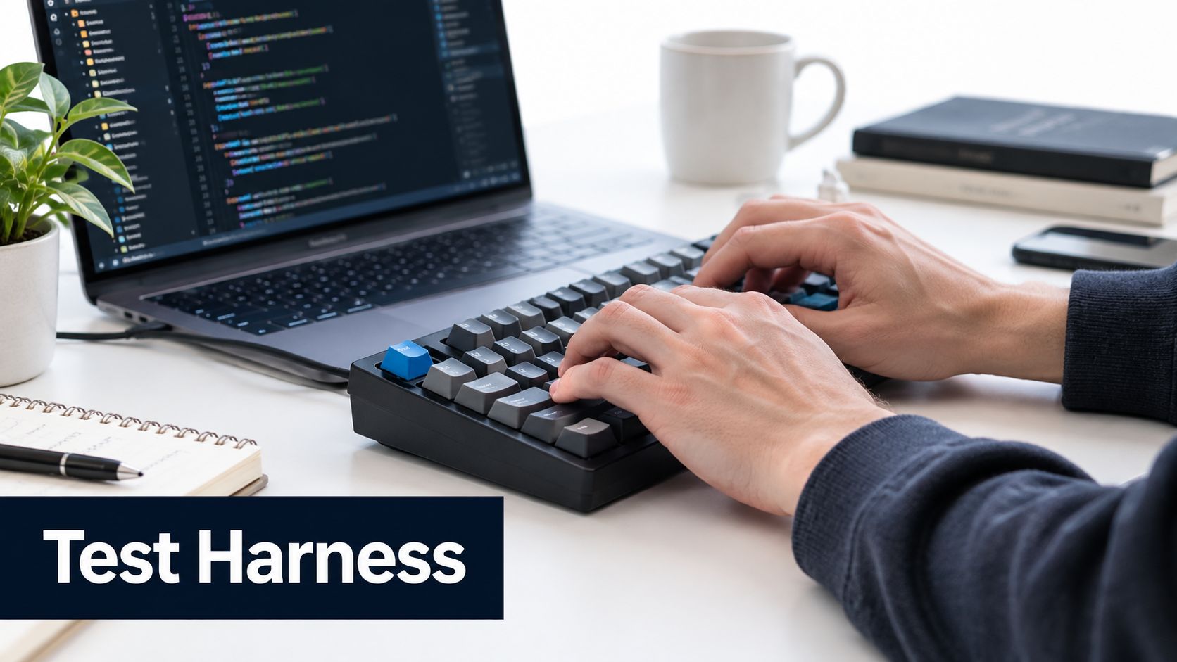 A developer typing code on a mechanical keyboard with a laptop screen visible in a workspace.