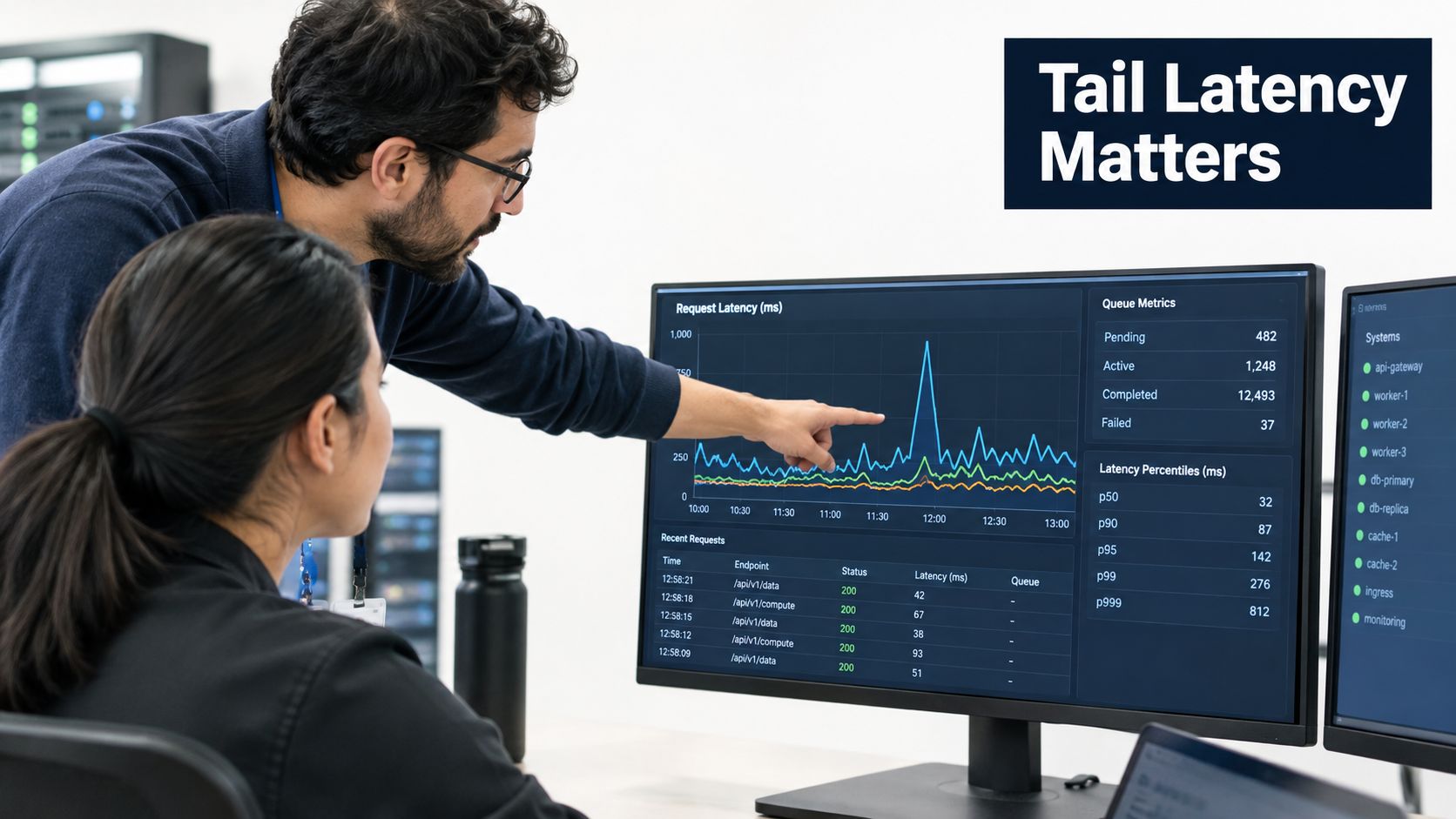 A professional developer points at a dashboard showing high request latency metrics on a large computer screen.