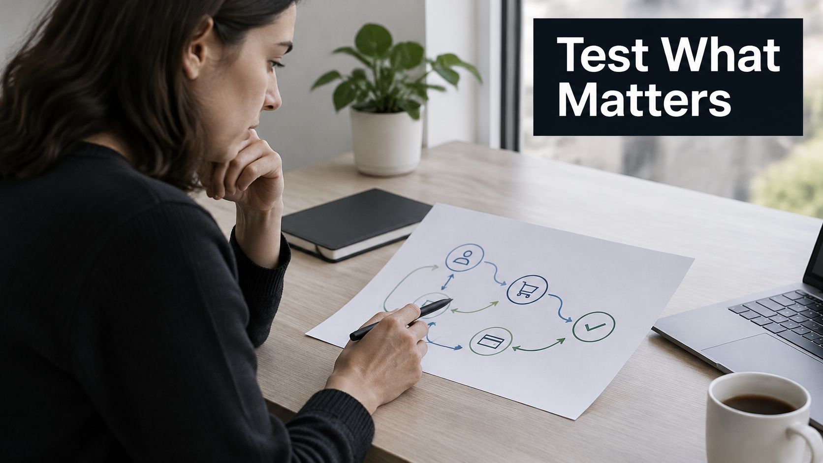 A professional woman reviews a flow chart diagram on her desk to improve quality assurance testing processes.