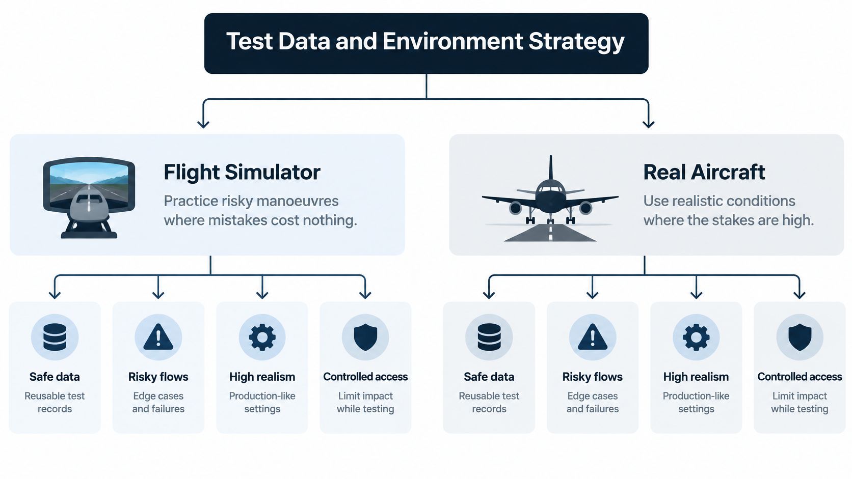 A diagram comparing test data and environment strategies using a flight simulator versus a real aircraft analogy.