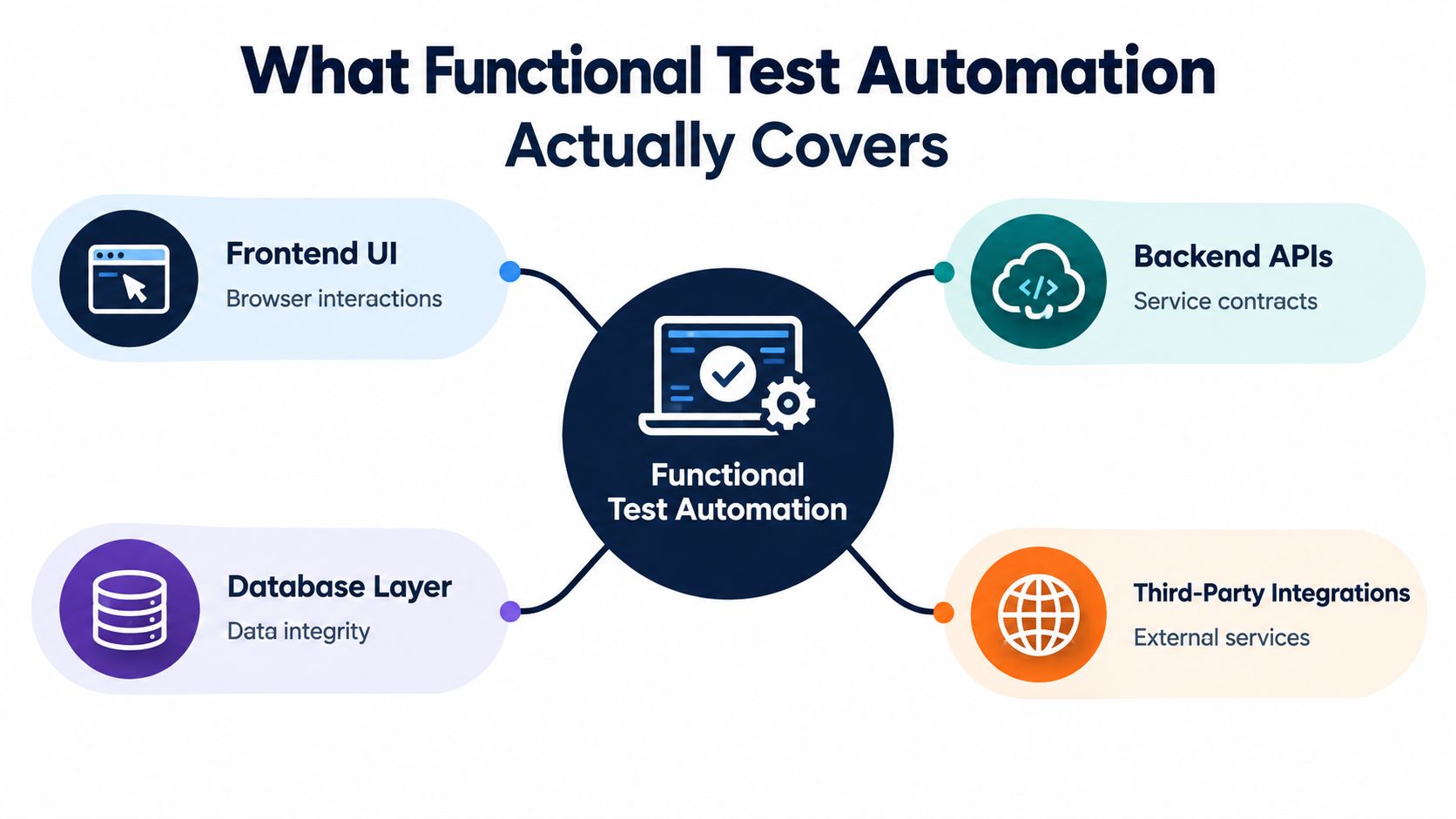 A diagram illustrating how functional test automation covers UI, APIs, database layers, and third-party integrations.