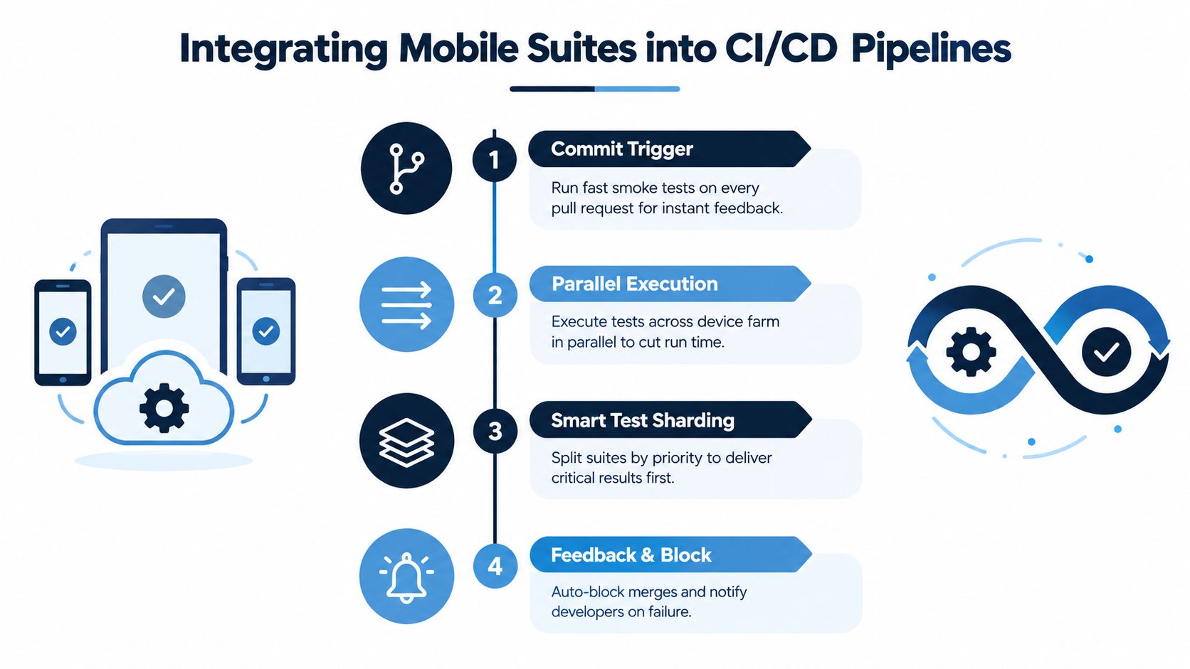 A diagram illustrating the four key steps to integrate mobile test suites into CI/CD development pipelines.