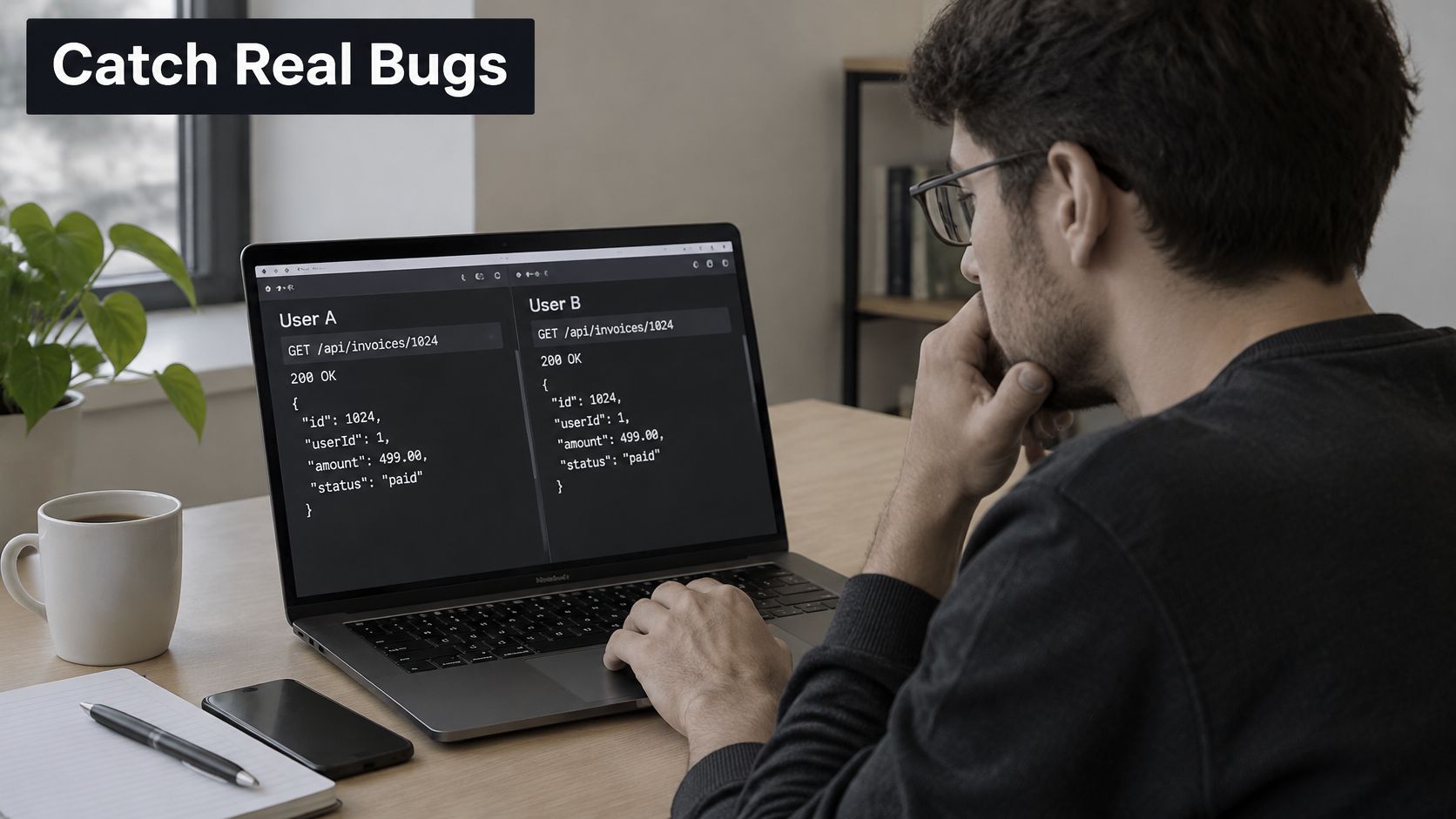 A male software developer analyzing API response data on his laptop screen to identify potential security bugs.