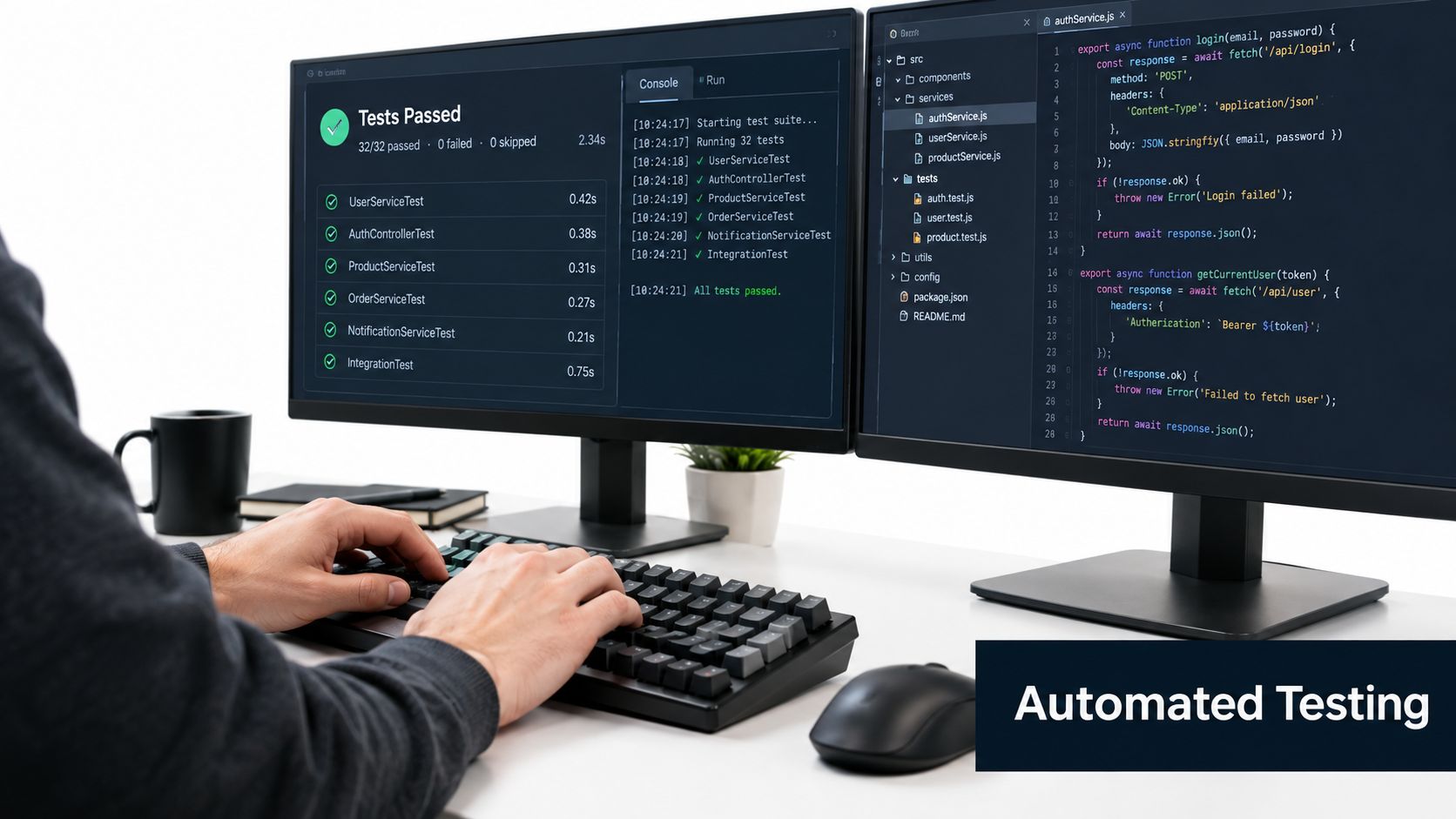 A developer working on code and automated tests across two computer monitors in a clean office.
