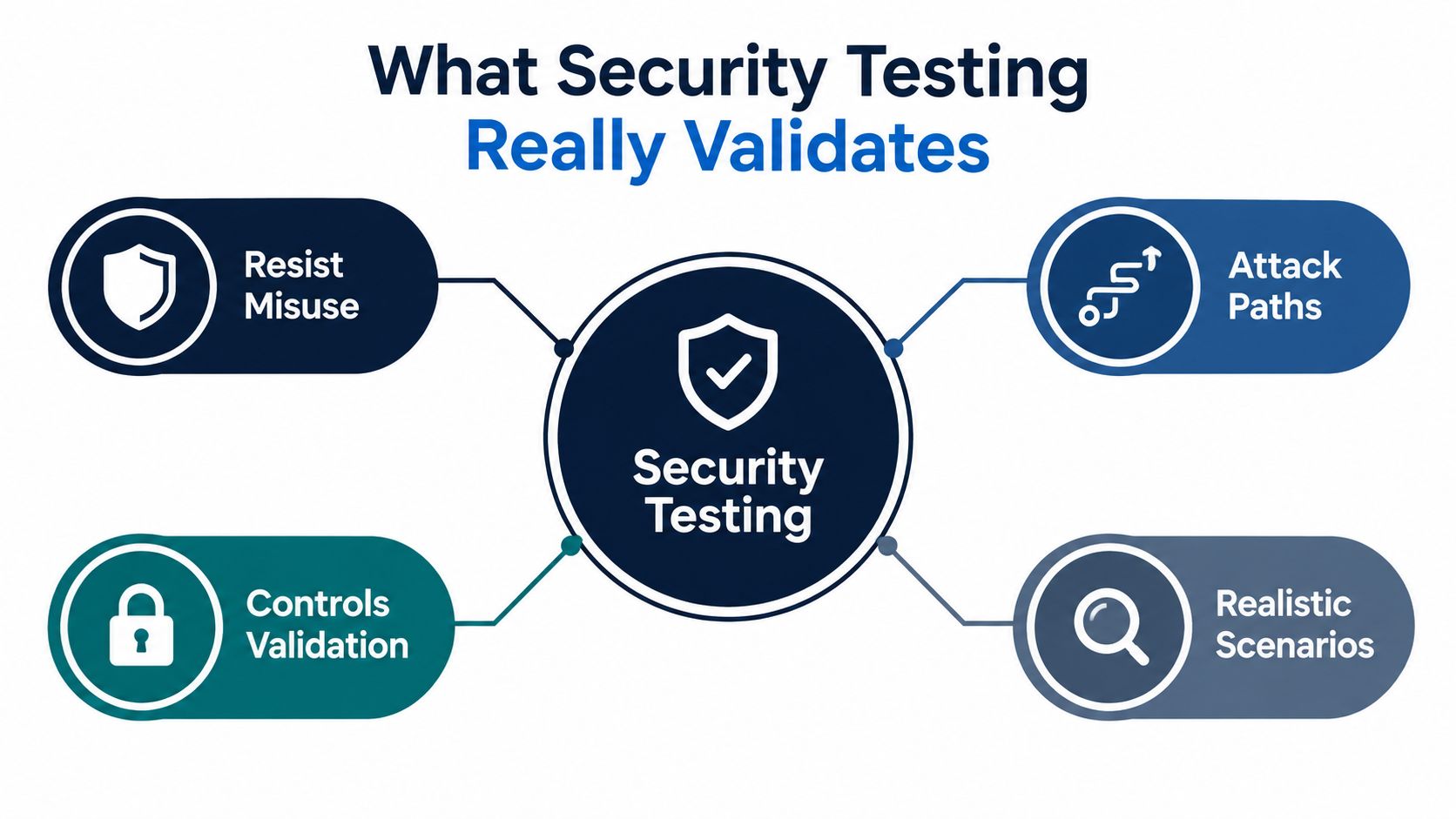 A diagram illustrating what security testing validates, including resist misuse, attack paths, controls validation, and realistic scenarios.