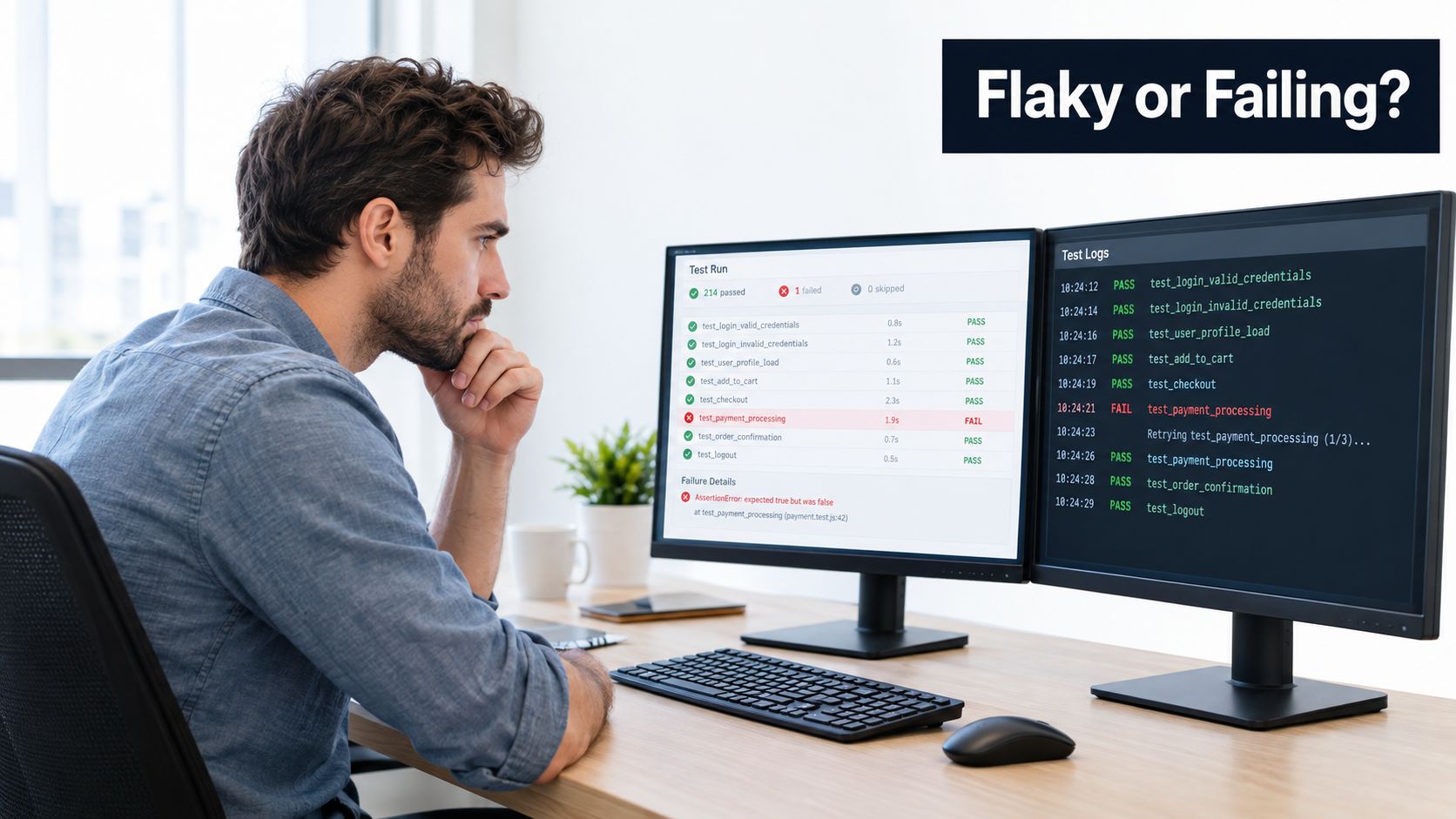 A male software developer observing failed and retried automated test results on his dual monitor computer setup.