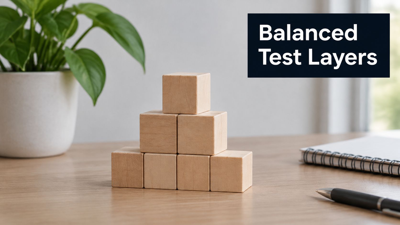 A wooden block pyramid resting on a wooden table, representing balanced test layers for software development.