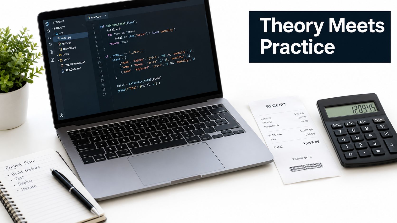 A modern workspace with a laptop displaying Python code next to a physical receipt and a calculator.