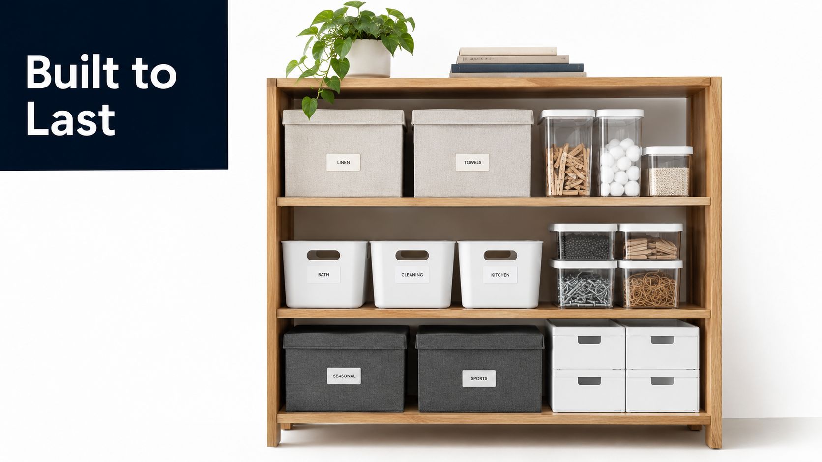 A wooden shelving unit organized with labeled storage boxes, containers, and household supplies against a white background.