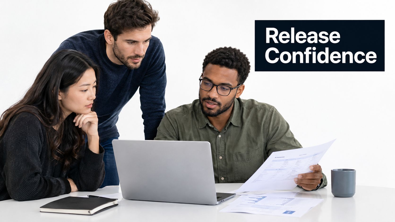 A diverse team of three professionals collaborating on software quality metrics using a laptop and documents.