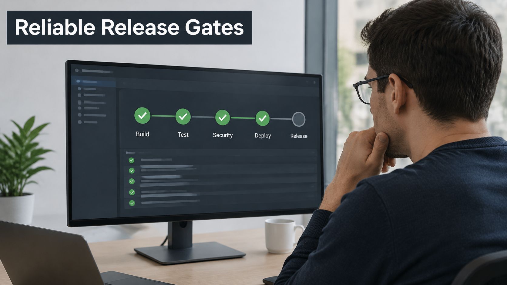 A professional analyzing a software development pipeline screen showing successful build, test, security, and deployment stages.