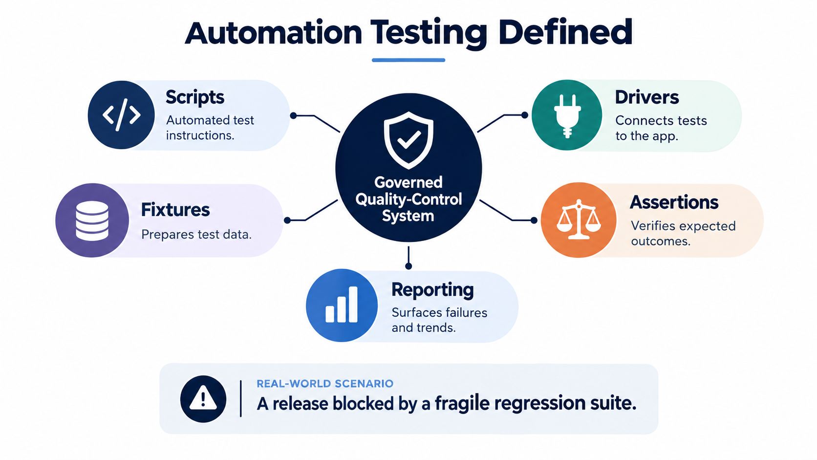 A diagram illustrating the components of a governed quality control system in software automation testing.