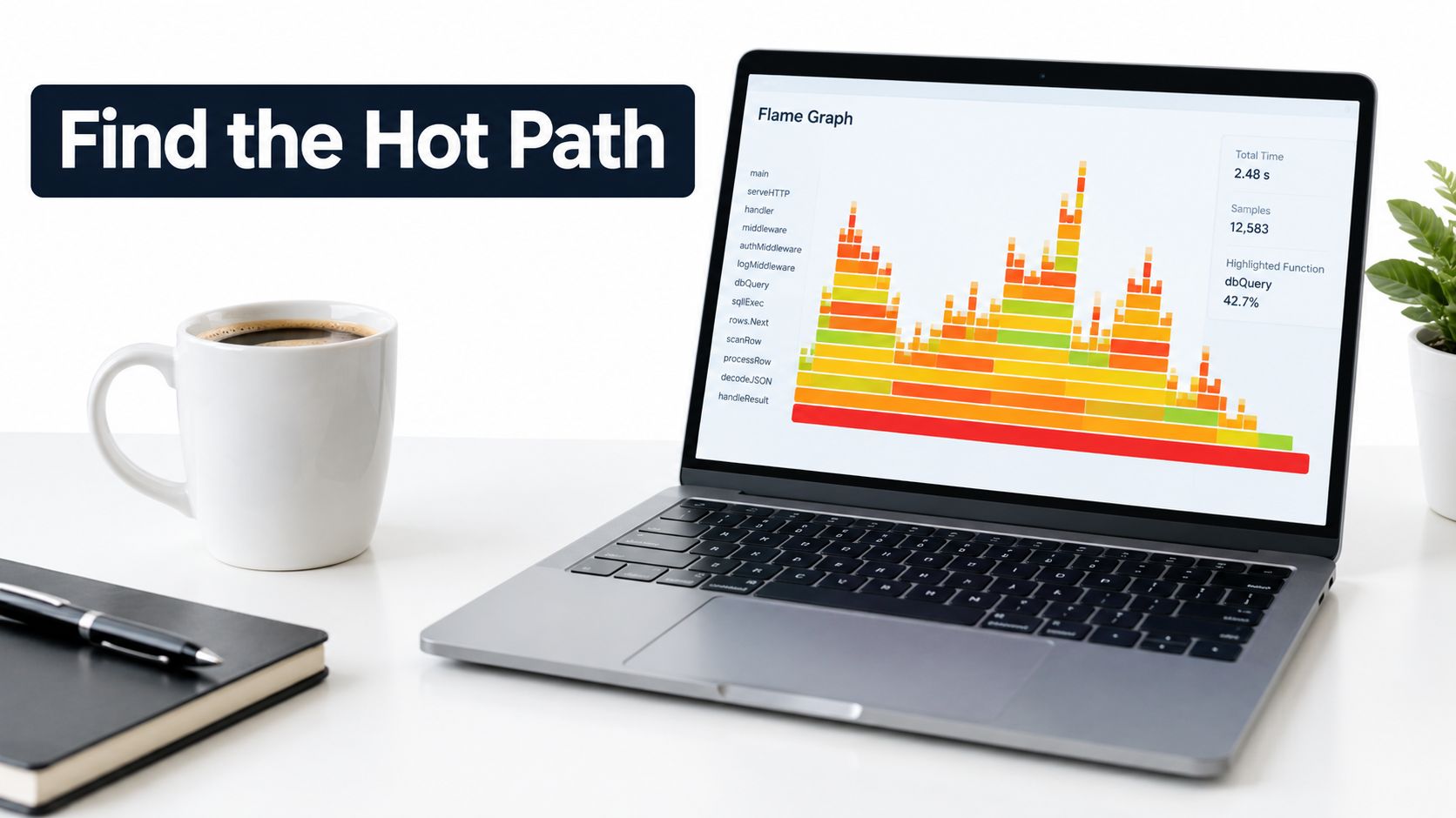 A modern laptop on a desk showing a flame graph visualization of application performance bottlenecks.