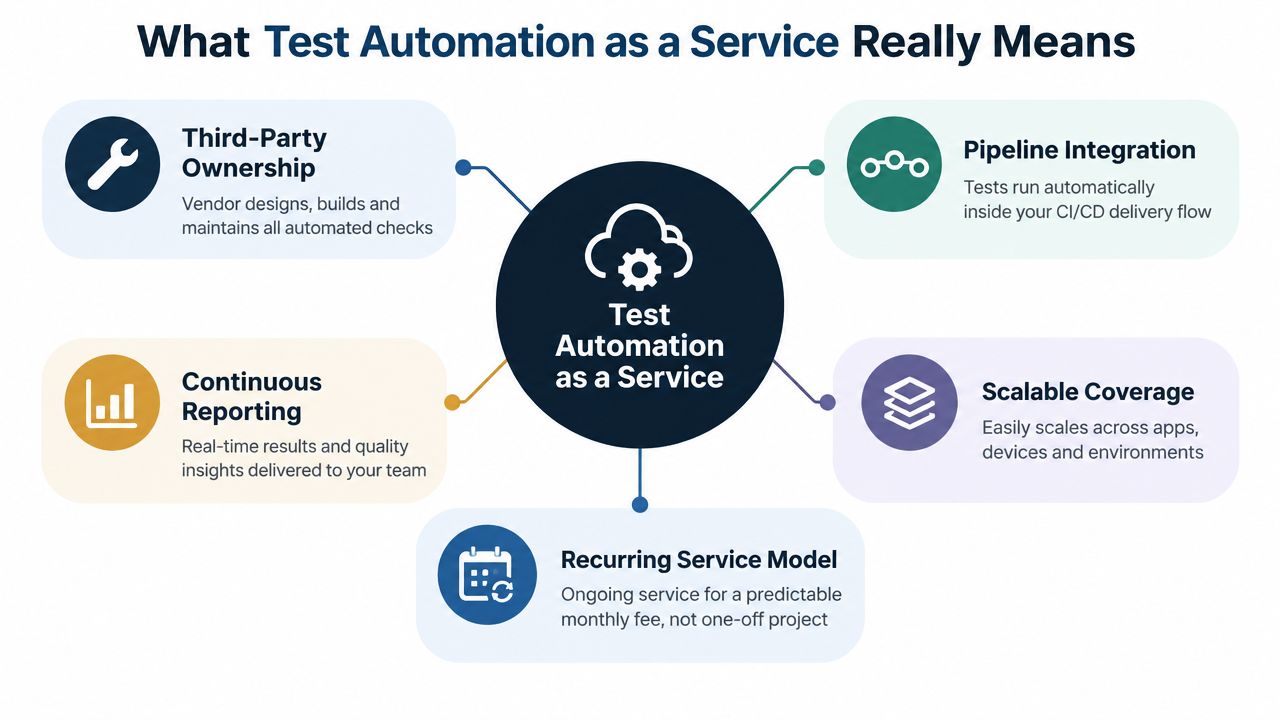 A diagram explaining Test Automation as a Service, highlighting key components like ownership, integration, reporting, and scalability.