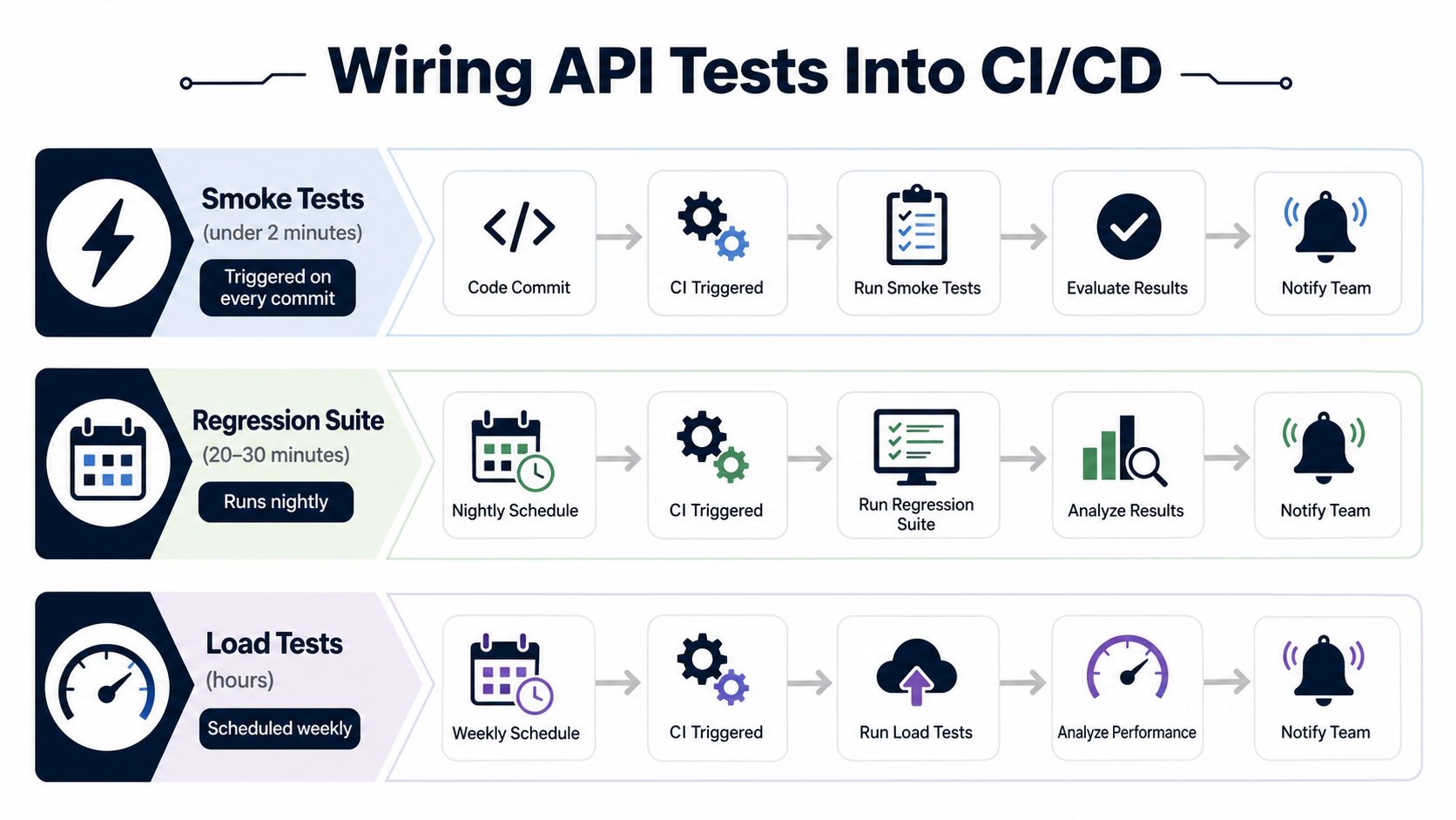 A diagram illustrating a CI/CD test strategy for API testing, showing smoke tests, regression, and load testing processes.