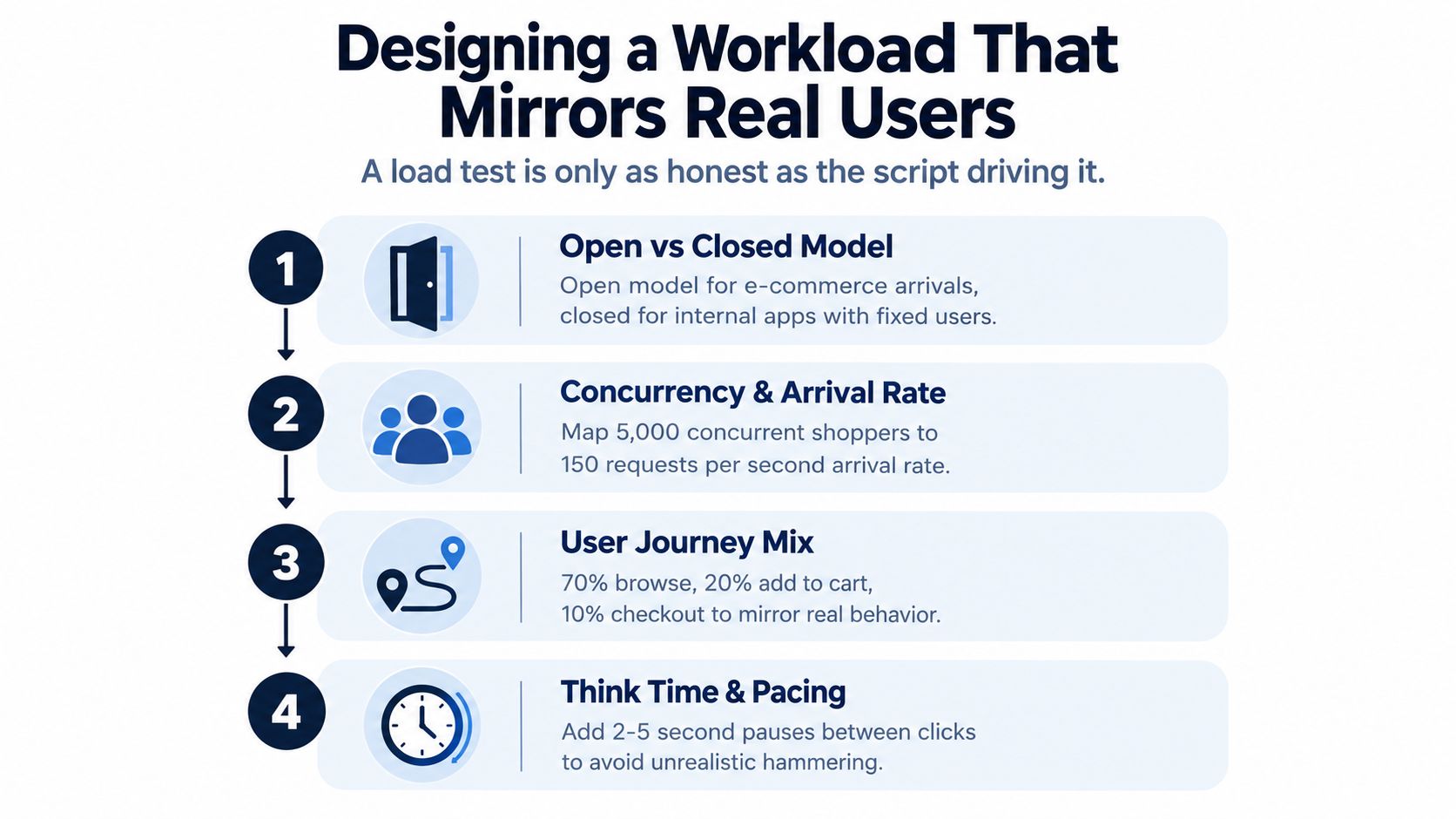 An infographic detailing four steps to design a realistic workload for effective software performance testing and load testing.
