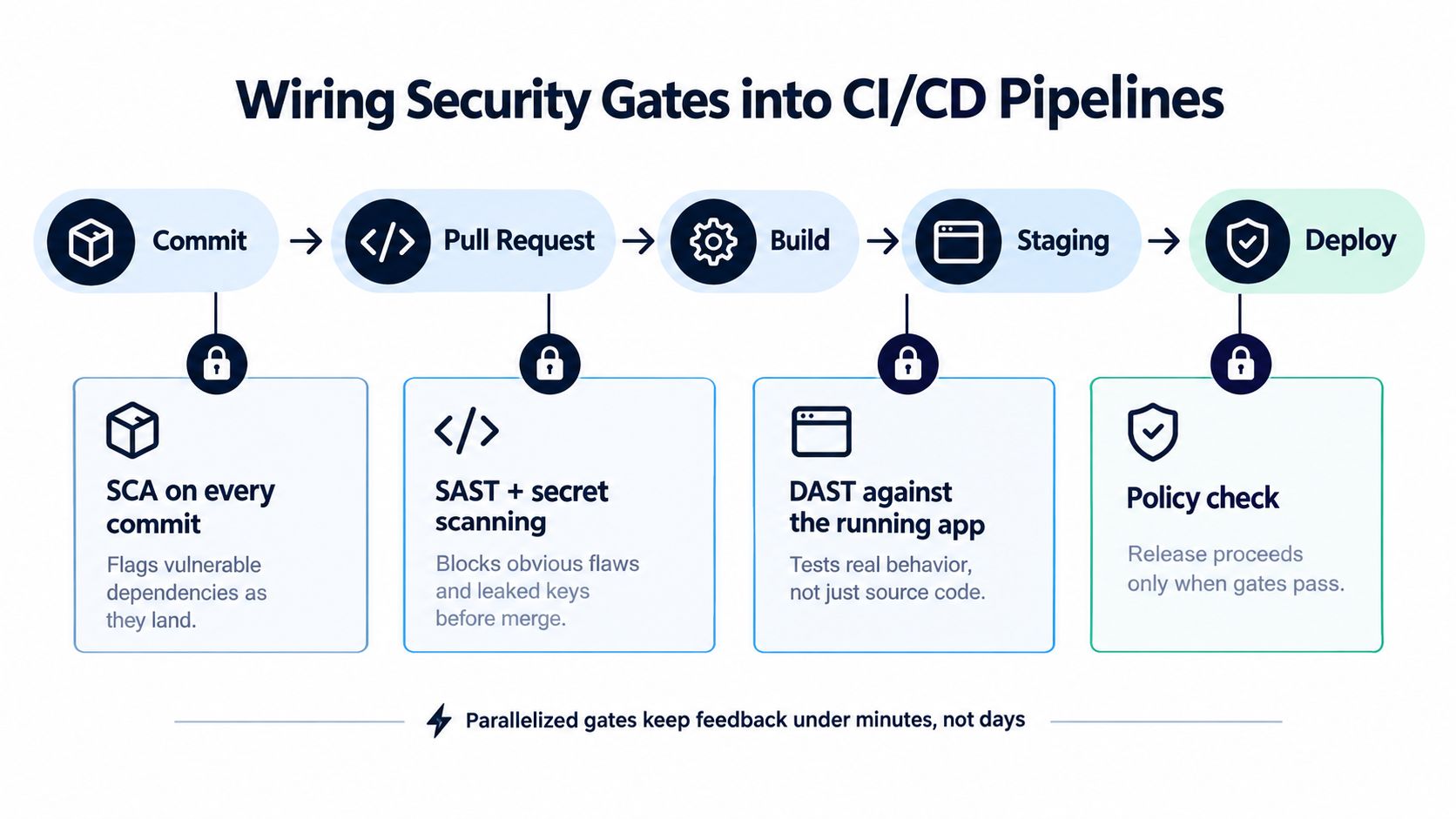 A diagram illustrating how security testing gates like SCA, SAST, DAST, and policy checks integrate into CI/CD pipelines.