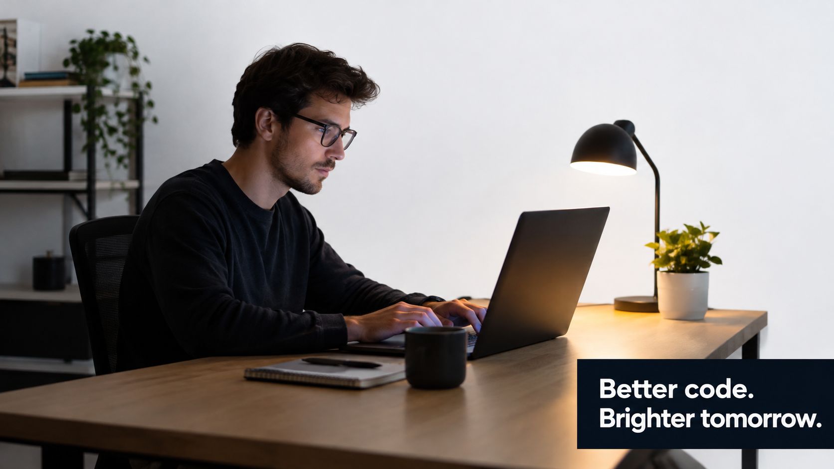 A young professional male focused on typing code on a laptop at a clean wooden desk.