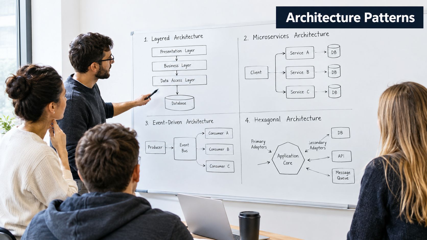 A professional team discussing software architecture patterns represented by diagrams on a large whiteboard in an office.