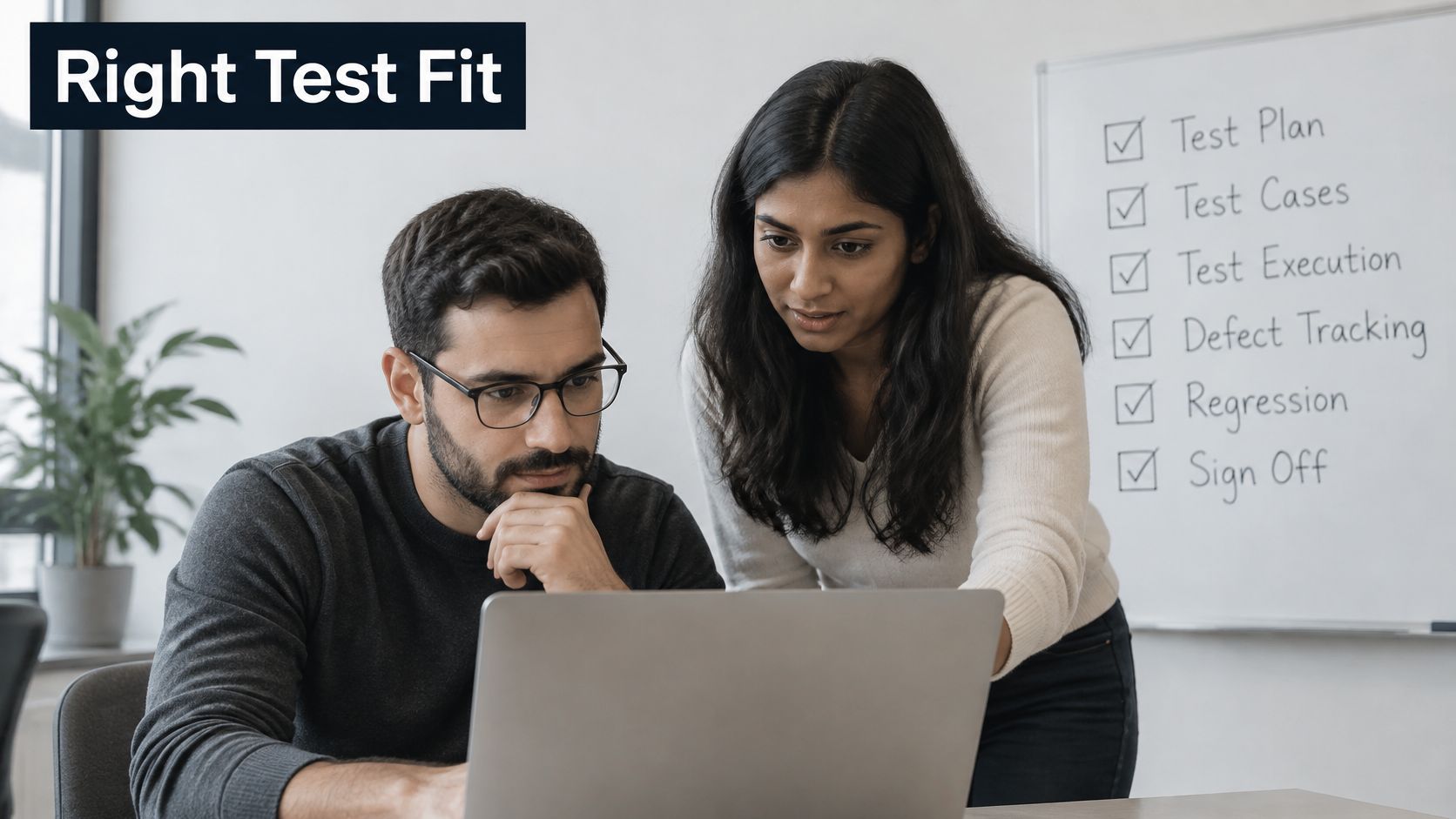 A professional man and woman working together on a software testing project in an office.