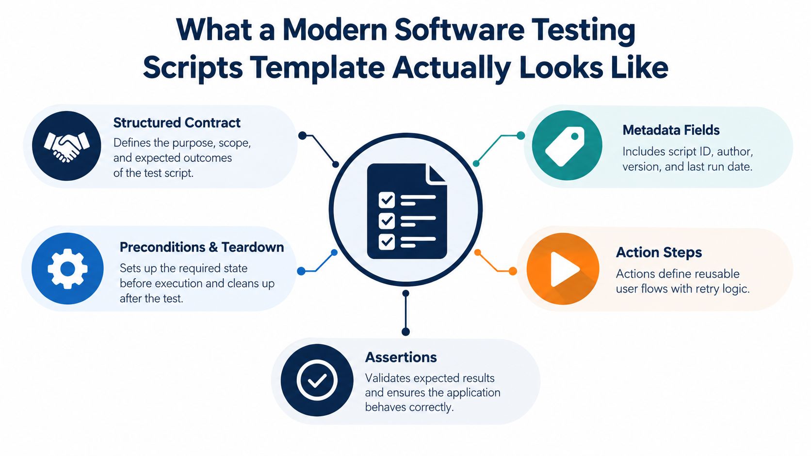 An infographic illustrating the essential components of a modern software testing scripts template for quality assurance teams.