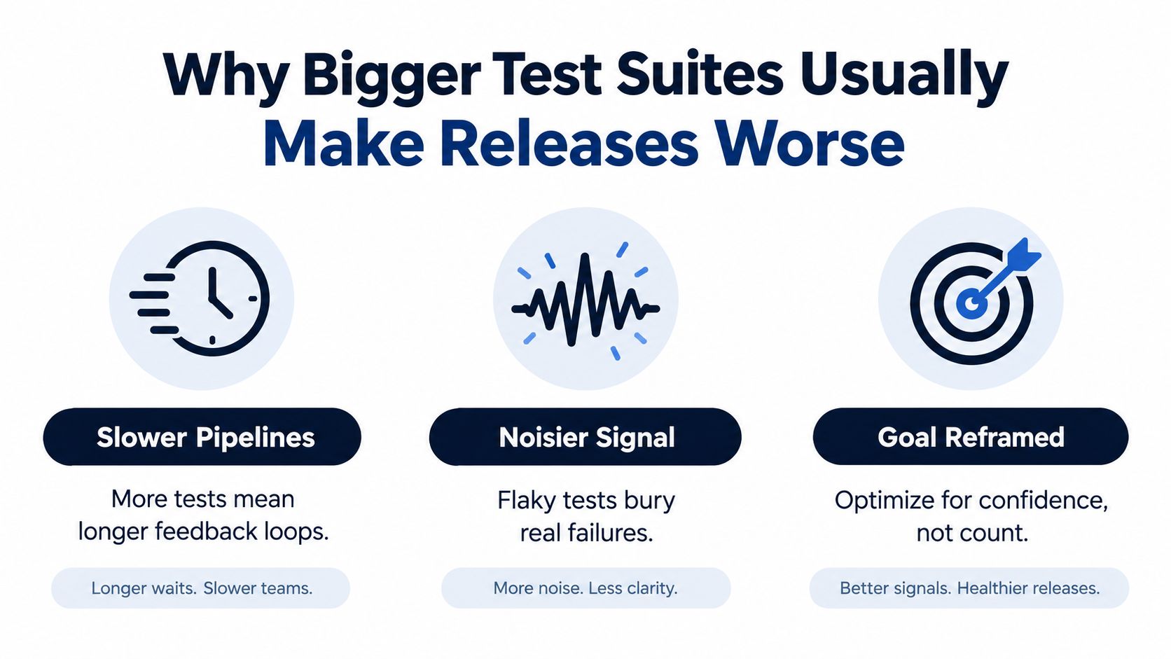An infographic titled Why Bigger Test Suites Usually Make Releases Worse, illustrating Slower Pipelines, Noisier Signal, and Goal Reframed.