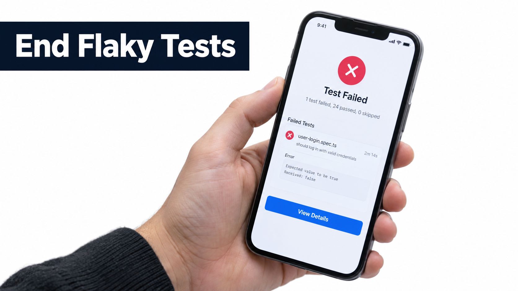 A hand holding a smartphone displaying a failed software test result for a mobile application.