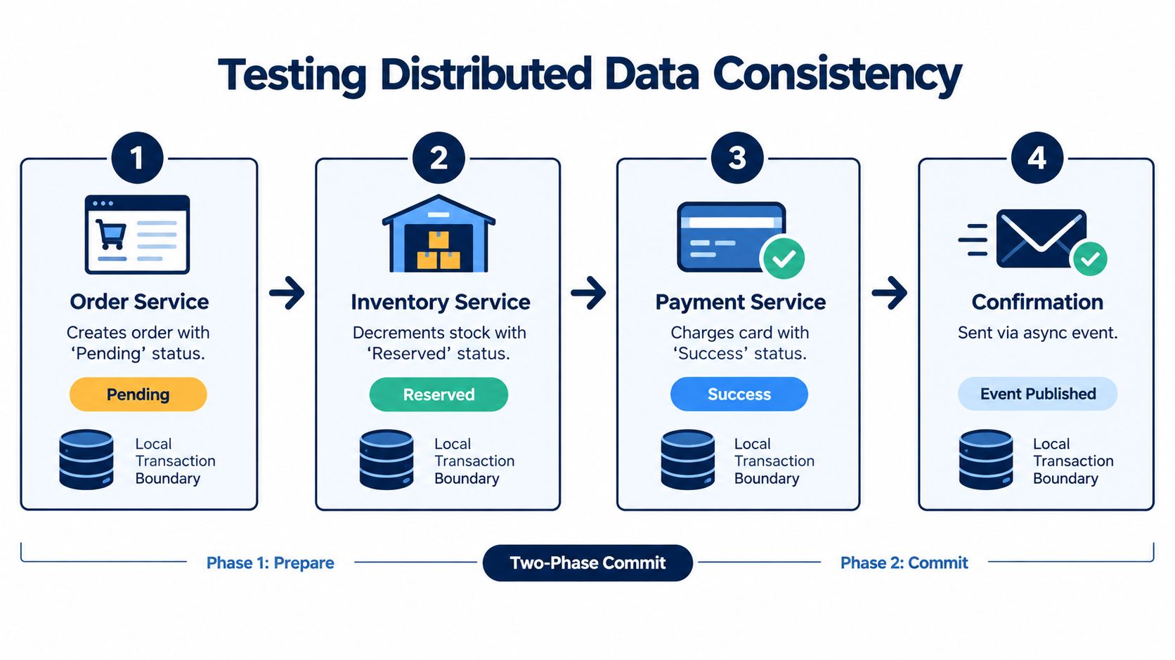 A diagram illustrating a four-step distributed transaction process for testing data consistency across microservices.