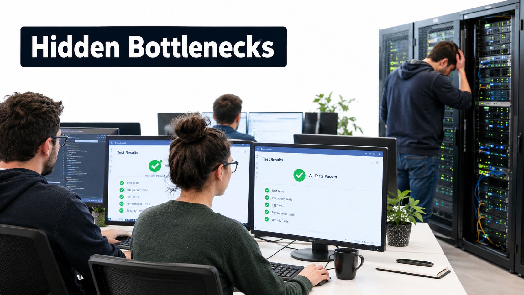 A team of software developers working at their computers with a man looking stressed at server racks.