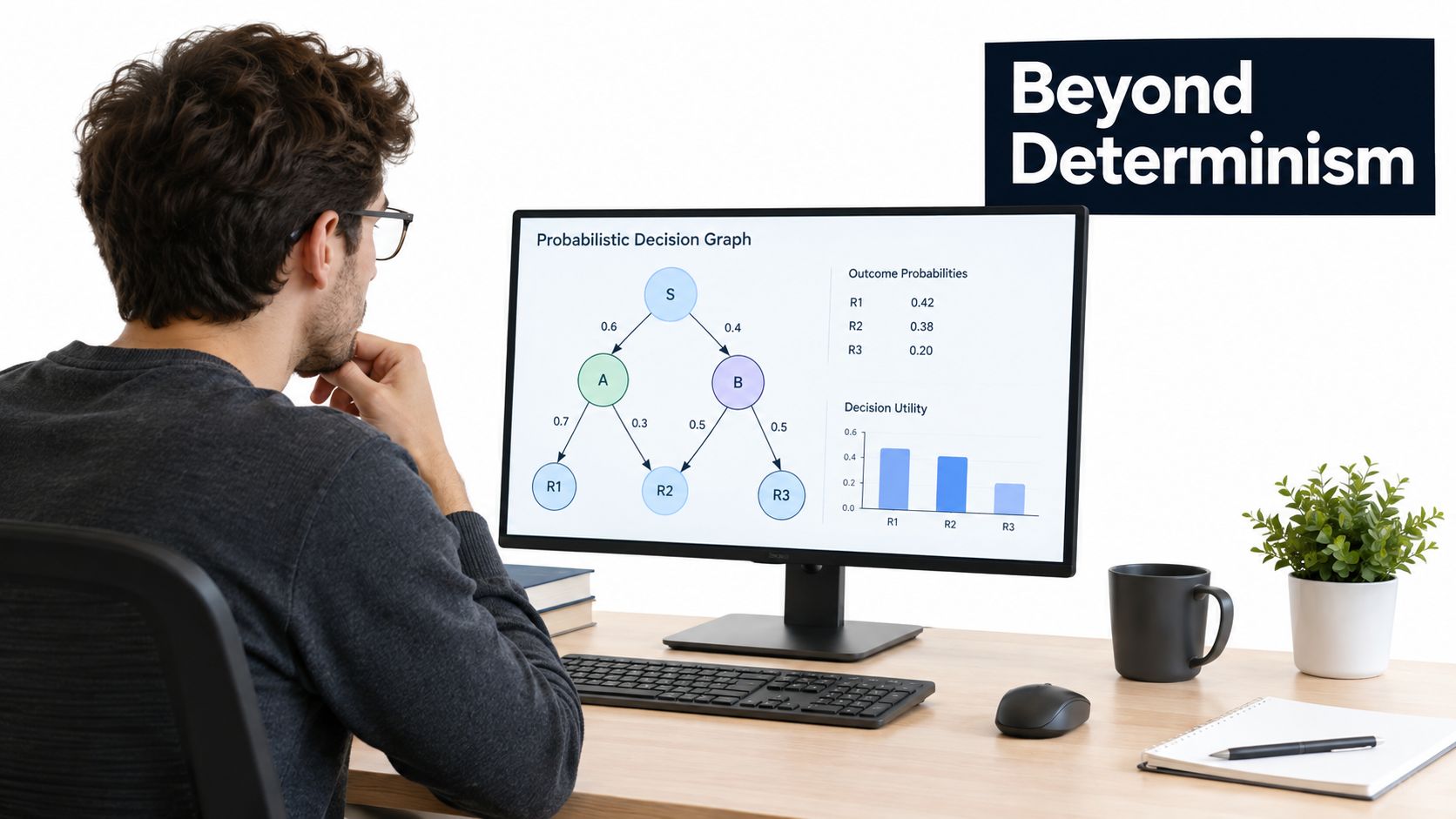 A man looks at a monitor displaying a probabilistic decision graph and outcome probability charts in an office.