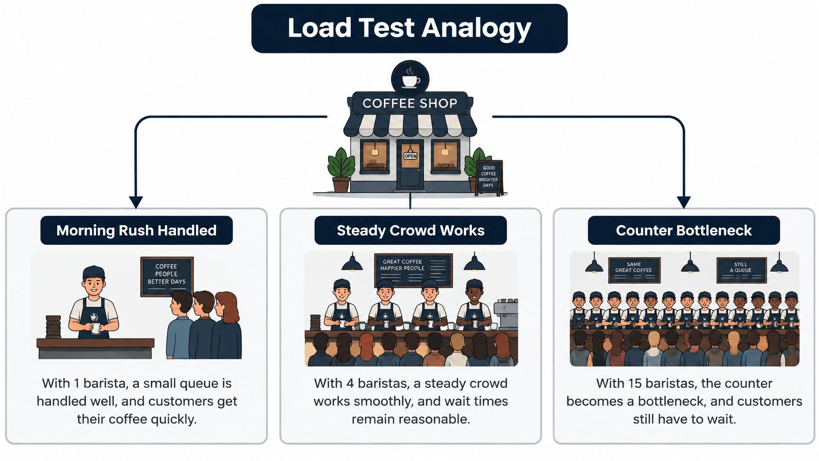 A diagram using a coffee shop analogy to explain the concept and constraints of load testing.